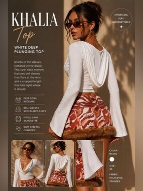 Finesse Khalia White Deep Cowl Neck Bell Sleeve Hoodie Crop Top XS